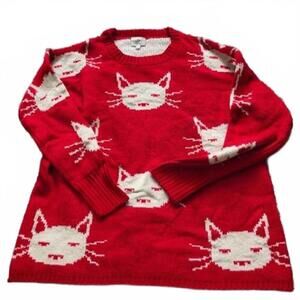 Hot & Delicious Red Cat Graphic Knit Sweater S/M Cottagecore Kawaii